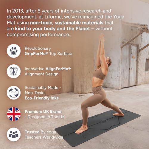 Liforme Original Yoga Mat – Free Yoga Bag Included - Patented Alignment System, Warrior-like Grip, Non-slip, Eco-friendly, sweat-resistant, long, wide, 4.2mm thick mat for comfort