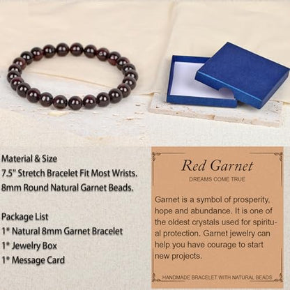 LPBeads Handmade Natural Gemstone Stretch Elastic Bracelet Healing Crystal Round Stone Beads Jewelry Gifts for Women Men - color: Garnet, size: 8mm