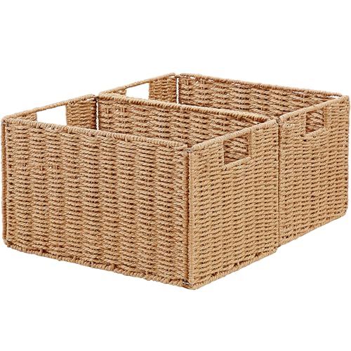 Wicker Storage Basket, Set of 2 Hand-Woven Paper Rope Wicker Basket, Small Storage Baskets for Organizing Toilet Paper Basket, Foldable Large Cube Storage Organizer Bins for Shelves (Natural) - color: Natural, size: 17.2"D x 12"W x 10.3"H