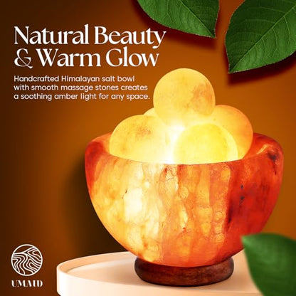 UMAID Himalayan Salt Lamp Bowl with 6 Himalayan Salt Massage Stones, Dimmable Pink Rock Salt Lamp for Bedroom, Office Desk & Meditation Room, Spa Decor, Relaxation Home Decor Gifts for Men & Women - style: Massage Bowl