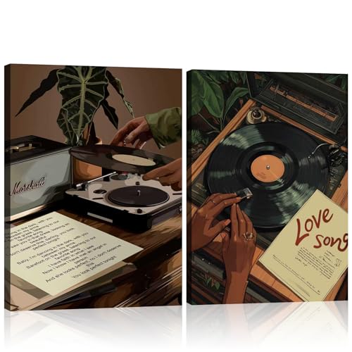Framed 2pcs Black Woman Music Print Wall Art Retro Vinyl Record Canvas Posters African American Fashion Painting Vintage Picture Wall Decor for Living Room Bedroom 16x24Inches - color: Vinyl Record, size: 16x24 Inches