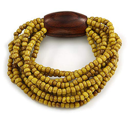 Avalaya Multistrand Dusty Yellow Glass Bead with Brown Wooden Bead Flex Bracelet - Medium