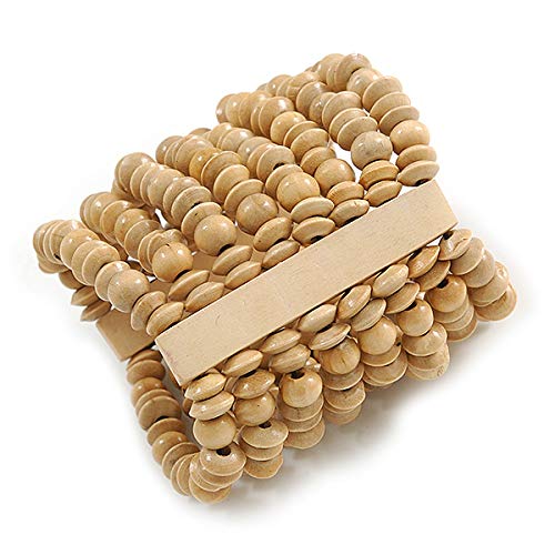 Avalaya Wide Wooden Bead Flex Bracelet In Natural - 19cm L - Adjustable