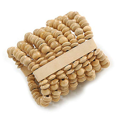 Avalaya Wide Wooden Bead Flex Bracelet In Natural - 19cm L - Adjustable