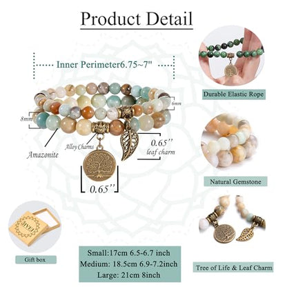 Bivei Natural Semi Precious Gemstone beads bracelet for women - Life Tree and Leaf Charm Energy Reiki Crystal Stretch Bracelets - color: Amazonite Bracelet Set, size: Large:7.87-8.26inch