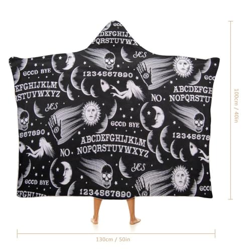 Skull Moon Sun Gothic Witch Board Seamless Black Large Size Comfortable Hooded Blanket, Warm Blanket 40"x50" - color: Skull Moon Sun Gothic Witch Board Seamless Bl, size: 40"x50"