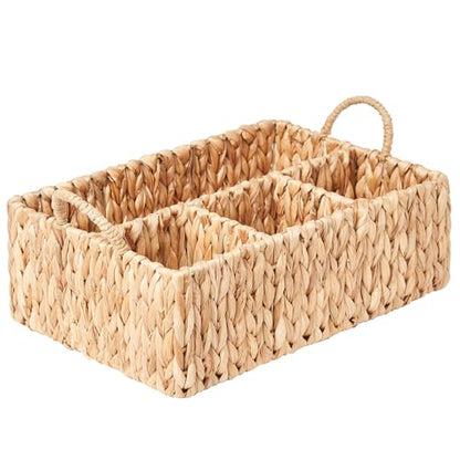 Wicker Basket Divided Storage with Handles - Natural Water Hyacinth Organizer for Diaper Essentials, Kitchen Utensils, Bathroom & Nursery Organization, 4 Compartments