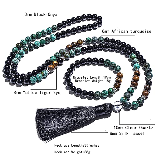 108 Mala Prayer Beads Necklace 8mm Natural Stones Meditation Yoga Jewelry Sets 108 Hand Made Japa Mala Beaded Long Tassel Necklace with Tassel Pendant for Men and Women - color: Tiger Eye+African turquoise+Black Onyx