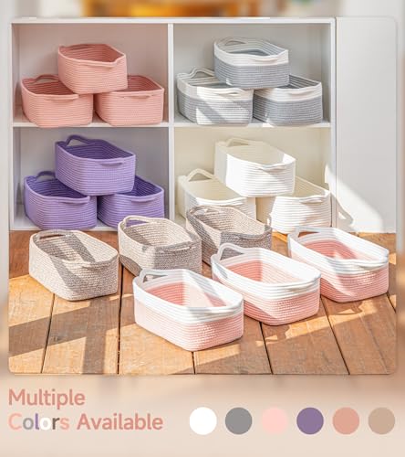 CLHMILY&Z Small Cube Storage Baskets, Decorative Woven Cotton Rope Baskets with Handles for Organizing, Shelf, Closet, Nursery, Bathroom, Toy Organizer Bins (1, Pink, 11.4 x 7.5 x 4.7)