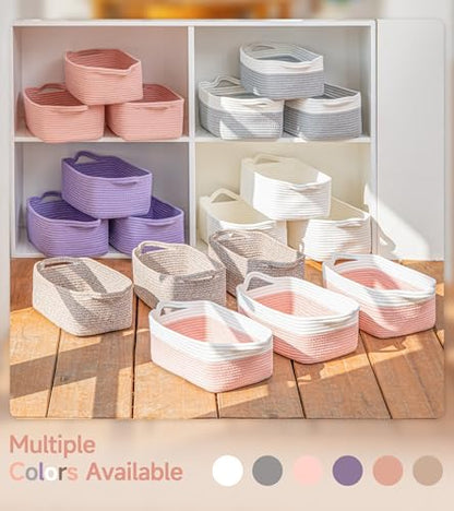 CLHMILY&Z Small Cube Storage Baskets, Decorative Woven Cotton Rope Baskets with Handles for Organizing, Shelf, Closet, Nursery, Bathroom, Toy Organizer Bins (1, Pink, 11.4 x 7.5 x 4.7)