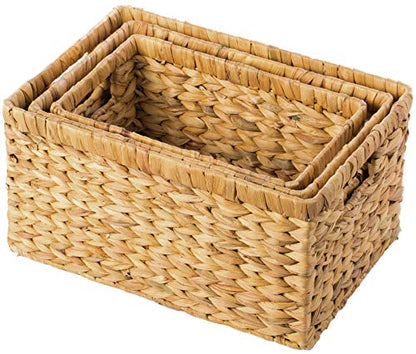 Natural Woven Water Hyacinth Wicker Rectangular Storage Bin Basket with Handles, Set of 3 - size: Set of 3