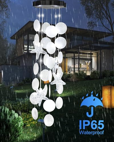 Solar Wind Chimes Decorative Lights for Outside, Shells Gifts for Mom Grandma Women Wife Girls, Hanging Solar Light for Holiday Garden Yard Window (White) - size: White