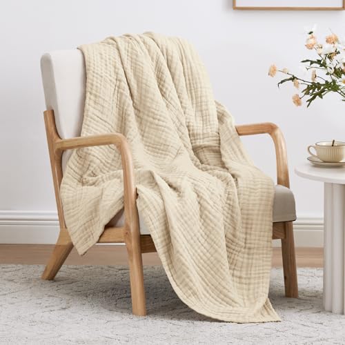 Love's cabin 100% Cotton Muslin Blanket, 6 Layer Lightweight Breathable Gauze Large Throw Blanket 50 x 70 Inches, Soft Cooling All Season Blanket for Couch or Sofa, Beige - color: Beige, size: Large Throw(50"x70")