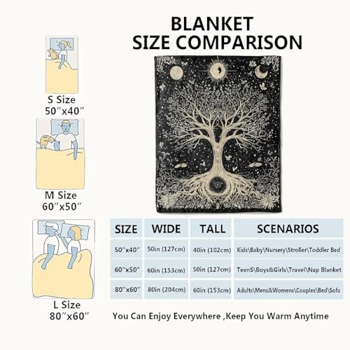 Tree of Life Retro Blanket Mystical Spiritual Seekers Black Throw Blankets,Birthday Gifts for Women Men,Lightweight Soft Fleece Cozy for Sofa Couch Bed Room Boho Decor 50x60in