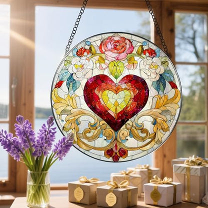 Stained Glass Window Hanging, 8 in Valentine Heart Sun Catcher, Stained Glass Suncatcher, Gift for Wife, Gift for Girlfriend, Mother's Day, Christmas, Birthday, Valentine's Day Gifts for Couple, Her - color: Heart Flower