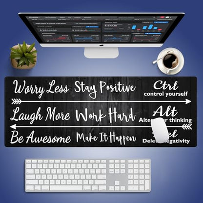 Extra Large Gaming & Office Mouse Pad (31.5" x 11.8") – Stay Positive Work Hard Inspirational Quote & Rustic Black Wood Grain, Premium Anti-Slip XXL Desk Mat with Durable Stitched Edges - color: Inspirational Black Wood