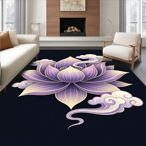 Design&I Low Pile Flatwoven Area Rug 4x6, Celestial Serenity Interlocking Lotus and Cloud Motif Meditation, Machine Washable, Stain Resistant Indoor Rug for Living Room, Bedroom, Non Slip(Black, 4x6) - color: Black/Pattern 15, size: 4' x 6' (Rectangular)
