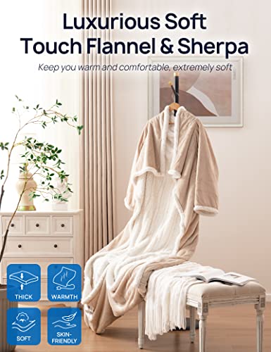 Westinghouse Electric Snuggle Throw Blankets with Foot Pocket, Wearable Heated Throw with Sleeves, 6 Heating Levels & 2 to 10 Hours Heating Time Settings, 50 * 70"+18", Beige - color: Beige&ivory, size: 70*50" Heated Snuggle Blanket