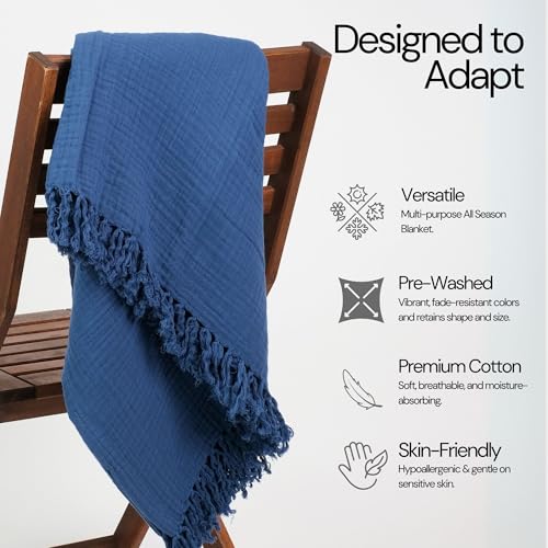 100% Cotton Muslin Throw Blanket, Gauze Blanket 50"X60" Throw with Tassel 4 Layered for Couch, Bed, Living Room, Home,Lightweight & All Season Blankets & Throws, Skin Friendly(Navy Blue)