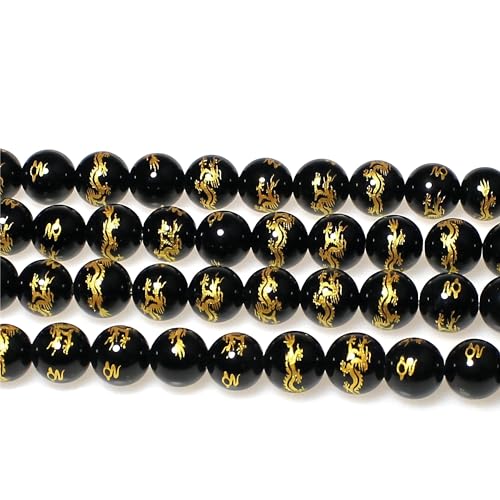 MJDCB Natural Stone Beads 8mm 43pcs Round Black Onyx Carved Dragon Loose Gemstone Bead Charms for Jewelry Making Bracelet Necklace Earring Pendant - color: Black Onyx Carved Dragon, size: 8mm