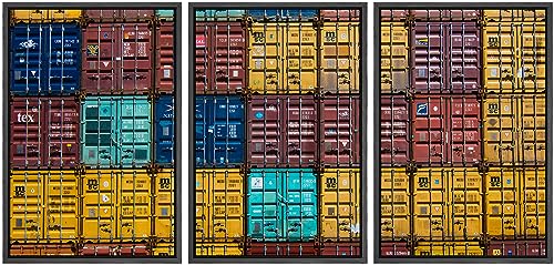 wall26 - 3 Piece Framed Canvas Wall Art - Export Container - Modern Home Art Stretched and Framed Ready to Hang - 16"x24"x3 Black - color: Artwork - 12, size: 16" x 24" x 3 Panels BLACK