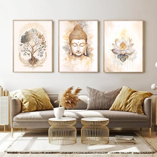 Lhoiplme Zen Wall Art Decor Buddha Lotus Flower Artwork Tree of Life Canvas Painting Yoga Meditation Studio Wall Art Mindfulness Spiritual Energy Poster for Living Room Bedroom 8x10x3 Inch Unframed