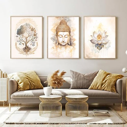 Lhoiplme Zen Wall Art Decor Buddha Lotus Flower Artwork Tree of Life Canvas Painting Yoga Meditation Studio Wall Art Mindfulness Spiritual Energy Poster for Living Room Bedroom 8x10x3 Inch Unframed