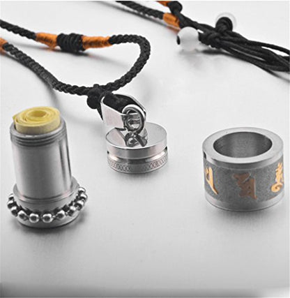 Men's Stainless Steel Open Lucky Buddha Mantra Pendant Necklace Bottle Container Memorial with Braided Rope - color: Mantra - Silver (small)
