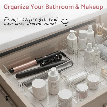 8 Pack Large Clear Plastic Drawer Organizer Bins - Acrylic Bathroom Drawer Organizer Trays - Heavy Duty Kitchen Drawer Dividers for Utensils - Non-Slip Storage Bins for Makeup, Bedroom, Office Desk - size: 8 Pack