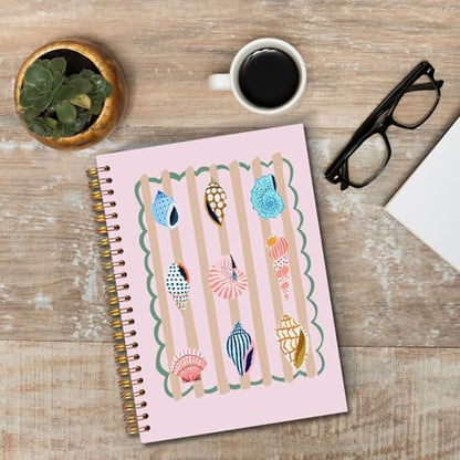 JINYO Beige Striped Beach Notebook, Pink Ocean Seashell Conch Journal, Coastal Beachy Nautical Journal, Beach Supplies for Women, Cute Ocean Spiral Notebooks 5.5x8.3 Inch(pink) - color: white Pink Seashell Notebook