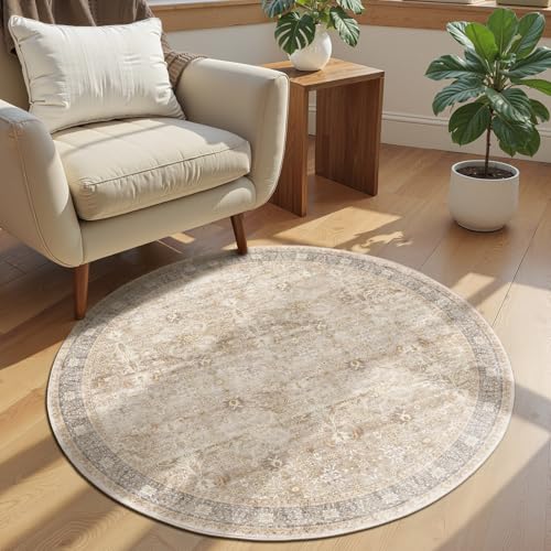 Neutral Beige Small Round Rugs 4ft, Low Pile Ultra Thin Entryway Circle Rug 4 Feet Washable Non Slip, Farmhouse Vintage 4x4 Circular Carpet for Bathroom/Ktichen/Small Dining Room/Bedroom - color: Beige/Taupe/Multi, size: 4' (Round)