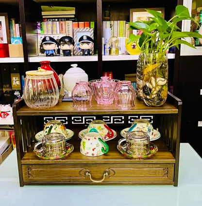 Altar Table with Drawer,Puja Table for Home,Perfect Used for Meditation, Prayers, Bamboo Furniture for Displaying Jars, Plants and Books (Walnut Color, 20.4x9.8x11 in, with Incense Burner 5Pcs Set)