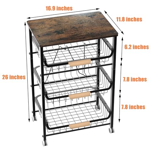 NiuYichee 4-Layer Fruit Basket Kitchen Food Organizer and Rack, Stackable Storage Cart with Desktop, Pull-Out Hollow Metal Basket, Sliding Out Storage (Black 4-Layer Rack)