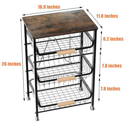 NiuYichee 4-Layer Fruit Basket Kitchen Food Organizer and Rack, Stackable Storage Cart with Desktop, Pull-Out Hollow Metal Basket, Sliding Out Storage (Black 4-Layer Rack)