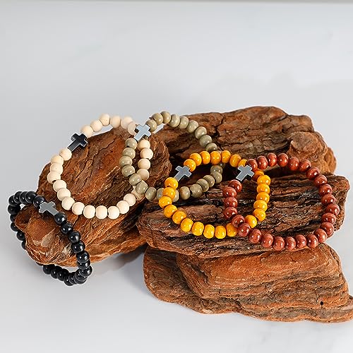 MILAKOO 5 Pcs Wooden Beaded Bracelet Bangle for Men and Women Elastic - style: Black Cross
