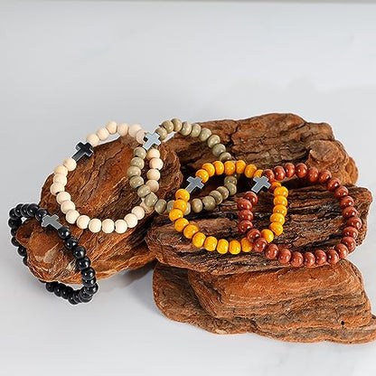 MILAKOO 5 Pcs Wooden Beaded Bracelet Bangle for Men and Women Elastic - style: Black Cross