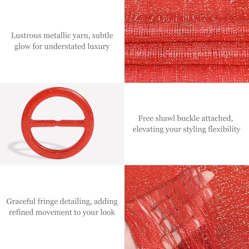 Sumolux Shawls Wraps for Evening Dresses Metallic Glitter Shawls Scarf for Women Sparkling Wedding with Free Buckle - color: Red