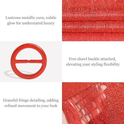 Sumolux Shawls Wraps for Evening Dresses Metallic Glitter Shawls Scarf for Women Sparkling Wedding with Free Buckle - color: Red