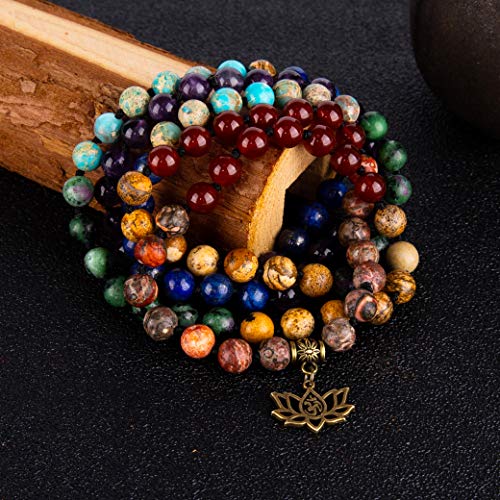Bivei 7 Chakra 108 Mala Beads Bracelet Real Gemstone Yoga Meditation Hand Knotted Mala Prayer Bead Necklace - size: 8mm, style: # Lotus OM - 7 Chakras