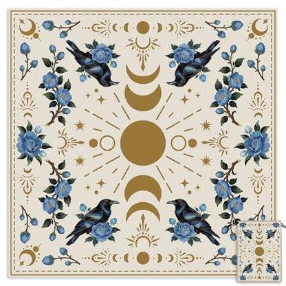Tarot Altar Cloth Beige Tablecloth Moon Phases Flowers Crows Print Card Table Tablecloth with Tarot Card Bag for Reading Rituals Crystals Spiritual Divination Witchcraft Supplies - color: Moon Flowers Crows