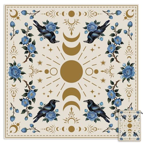 Tarot Altar Cloth Beige Tablecloth Moon Phases Flowers Crows Print Card Table Tablecloth with Tarot Card Bag for Reading Rituals Crystals Spiritual Divination Witchcraft Supplies - color: Moon Flowers Crows
