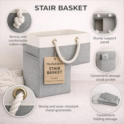 Stair basket,Foldable staircase baskets,Stair basket for wooden and carpeted stairs,Step stairs storage baskets with handle.1pcs - color: grayish white