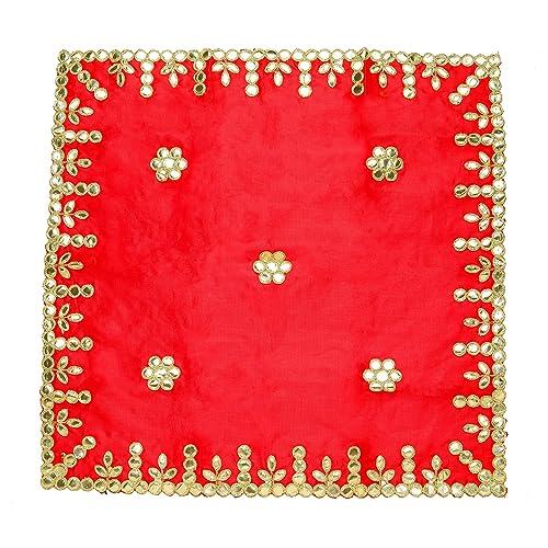 Decorative Pooja Mat Aasan Silk Aasan Cloth (Size:- 26"X26")with Sequence Work for Multipurpose Pooja Indian Traditional Festival Laxmi Poojan New year gifts Decorations Item Puja Article (Red)