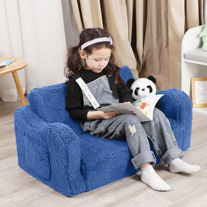 MOMCAYWEX Kids Sofa, 2-in-1 Flip-Out Foam Couch, Soft Play Lounge Chair for Toddlers and Children, Extra Wide, Sky Blue - color: Sky Blue, size: Large