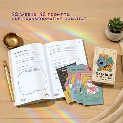PURPLE CANYON Intention Journal & Rainbow Affirmation Deck – 52-Week Guided Gratitude Journal with Meditations, Goal Setting & Daily Mindfulness Cards - style: Journal & Deck Duo