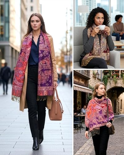 Achillea Elegant Paisley Floral Pashmina Shawl and Wrap – Boho Rave Scarf for Festival, Travel & Everyday Wear - color: Purple Red