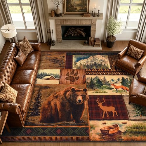 ASPMIZ Extra Large Rustic Area Rugs 8x10 Non-Slip Washable — Buffalo Plaid Log Cabin Bear Deer Fox Design, Vintage Soft Faux Wool Carpet Rugs for Living Room Dining Room - color: Brown, size: 8' X 10' (Rectangular)