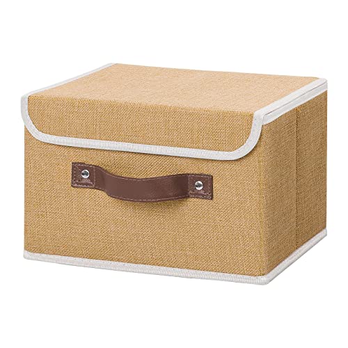 ANMINY Storage Bin with Lid Storage Boxes with PU Leather Handles PP Plastic Board Decorative Foldable Lidded Cotton Linen Fabric Home Cubes Baskets Closet Organizer Container - Khaki, Small Size - color: Khaki, size: Small (Pack of 1)