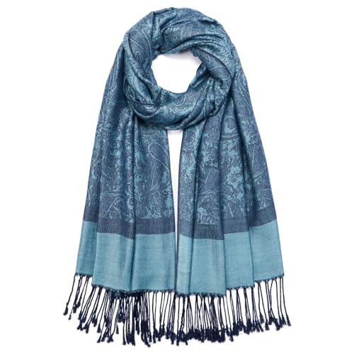 QIUTIMIY Paisley Pashmina Shawl Wrap Women Reversible Vintage Jacquard Pashmina Rave Scarf with Fringe for Evening, Wedding - color: Flower3-dark Blue
