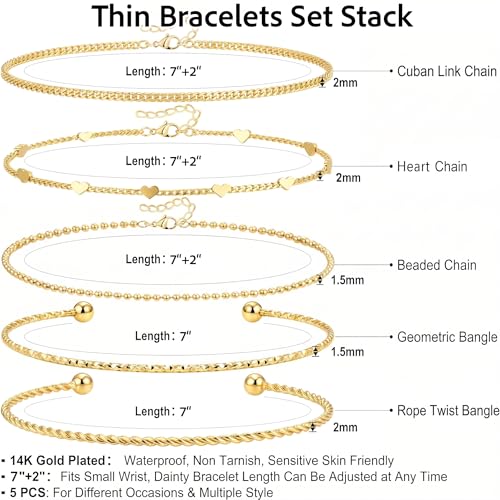 Dainty Gold Bracelet for Women Stack, Thin Bracelets Stackable Set with Bangle Cuff, Box, Herringbone, Paperclip, Figaro, Sparkling Link Chains Waterproof, Simple Jewelry Gifts for Women Non Tarnish - color: Gold-cuban/cuff/heart/beaded/twisted/rope